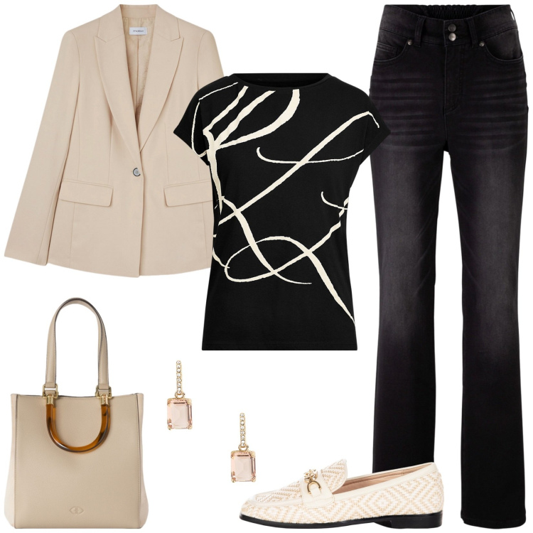 Outfit donna - Blazer beige. Stile Casual chic per Tutti i giorni. Abbinamento con jeans bootcut, mocassini, maglieria, orecchini, shopping bag, blazer.