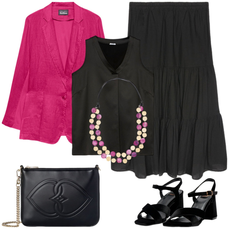 Outfit donna - Gonna e blazer. Stile Casual chic per Serata fuori. Abbinamento con top, blazer, sandali col tacco, gonne lunghe, collane, pochette.