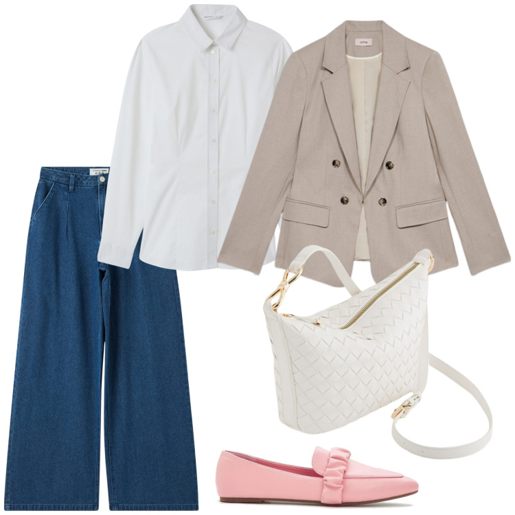 Outfit donna - Total look #2103494. Stile Casual chic per Ufficio. Abbinamento con mocassini, jeans, camicie, borse a tracolla, blazer.