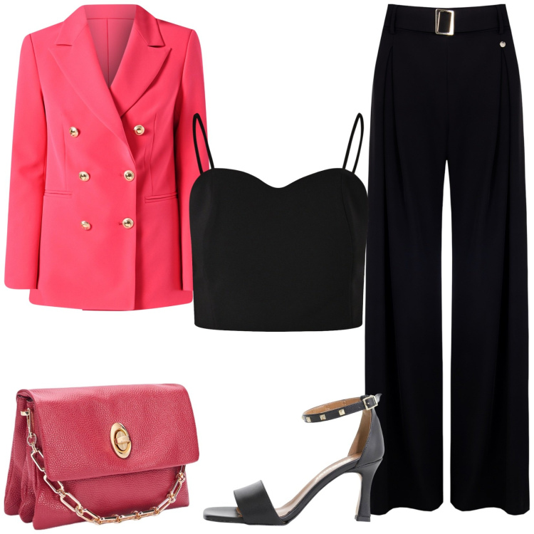 Outfit donna - Eccentrica e raffinata. Stile Glamour per Serata fuori. Abbinamento con sandali col tacco, top, pantaloni, blazer, borse a tracolla.
