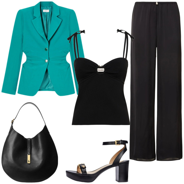 Outfit donna - Completo. Stile Glamour per Serata fuori. Abbinamento con borse a spalla, sandali col tacco, blazer, top, pantaloni.