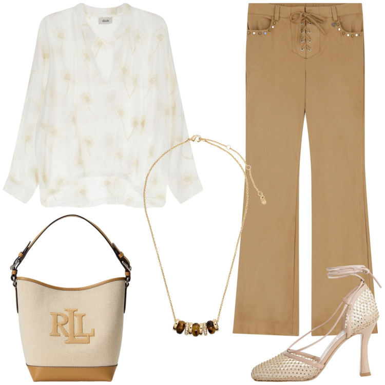 Outfit donna - Camicia e trasparenze. Stile Casual chic per Tutti i giorni. Abbinamento con camicie, décolleté, pantaloni, collane, borse a secchiello.