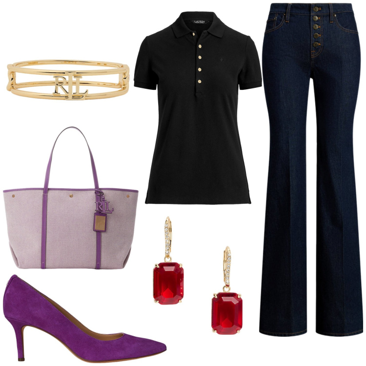 Outfit donna - Jeans e dettagli raffinati. Stile Casual chic per Serata fuori. Abbinamento con polo, décolleté, borse tote, orecchini, braccialetti, jeans.
