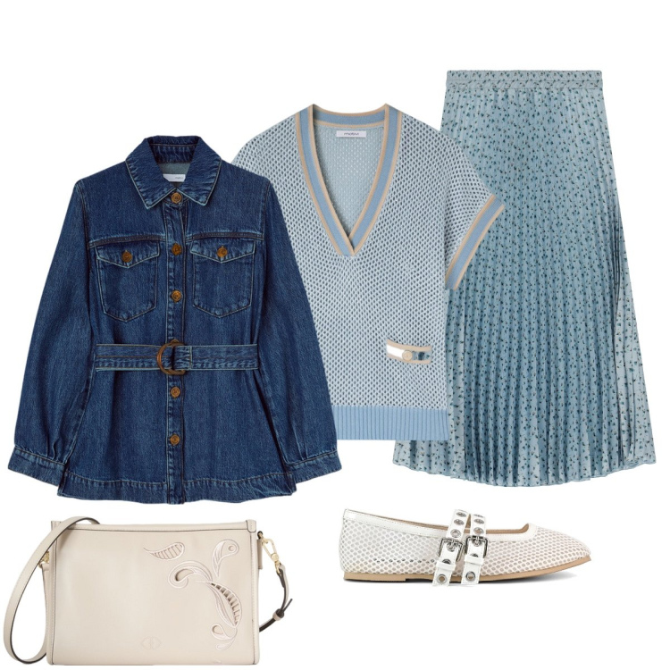 Outfit donna - Azzurro polvere. Stile Bon Ton per Tutti i giorni. Abbinamento con gonne lunghe, ballerine, blazer, maglieria, borse a tracolla.