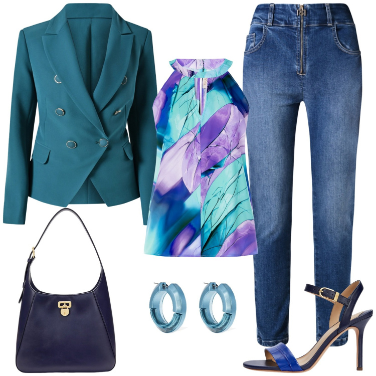 Outfit donna - Sfumature di blu. Stile Casual chic per Tutti i giorni. Abbinamento con top, jeans skinny, blazer, sandali in pelle, borse a spalla, orecchini.