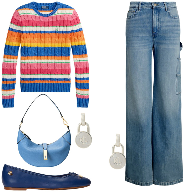 Outfit donna - Maglione multicolor. Stile Casual chic per Tutti i giorni. Abbinamento con ballerine, orecchini, borse a spalla, jeans, maglieria.