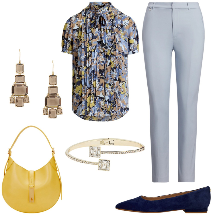 Outfit donna - Camicia fantasia. Stile Casual chic per Tutti i giorni. Abbinamento con ballerine, braccialetti, camicie a manica corta, borse a spalla, orecchini, pantaloni.