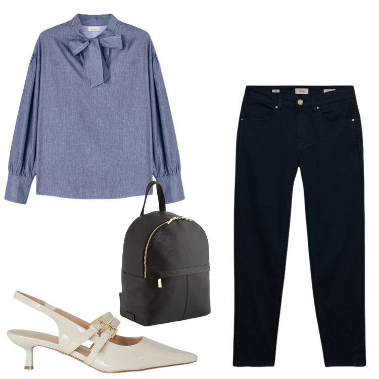 Outfit donna - outfit con borsa carpisa. Stile Casual chic per Ufficio. Abbinamento con pantaloni skinny, bluse, décolleté, zaini.