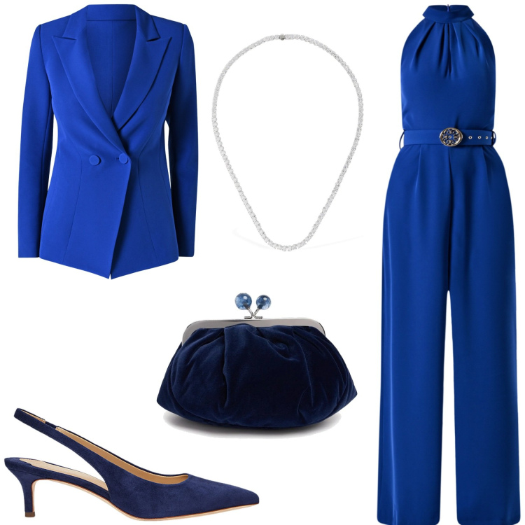 Outfit donna - Completo blu royal. Stile Glamour per Cerimonia. Abbinamento con décolleté, tute, blazer, pochette, collane.