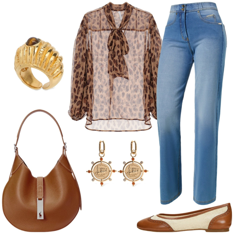 Outfit donna - Camicia maculata. Stile Casual chic per Tutti i giorni. Abbinamento con camicie, jeans, ballerine, borse a spalla, orecchini, anelli.