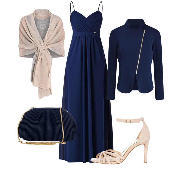 Outfit donna - Gran serata in blu. Stile Chic per Cerimonia. Abbinamento con stole, blazer, vestiti lunghi, sandali col tacco, pochette.