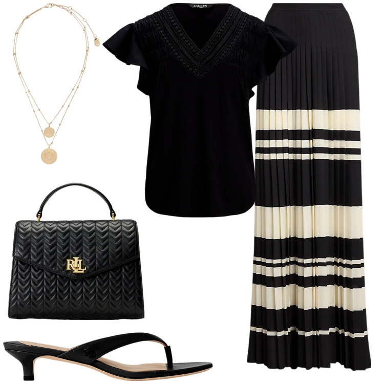Outfit donna - Gonna plissé bicolore. Stile Chic per Serata fuori. Abbinamento con ciondoli, pantaloni, borse a mano, sandali in pelle, t-shirt.
