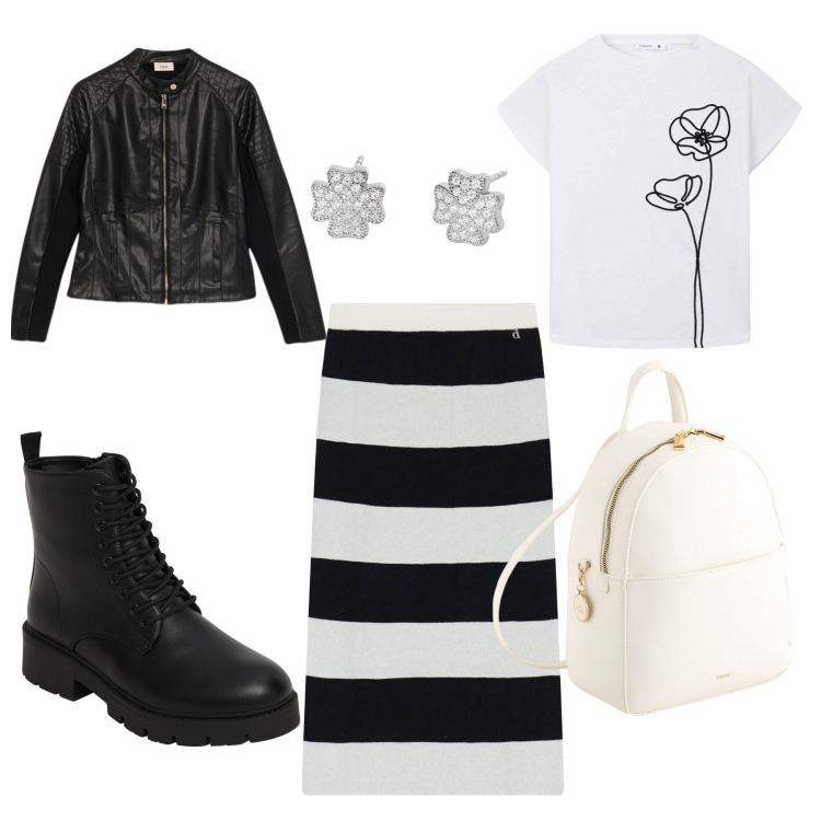 Outfit donna - gonna a righe. Stile Trendy per Tutti i giorni. Abbinamento con anfibi, t-shirt, orecchini, gonne longuette, zaini, blazer.