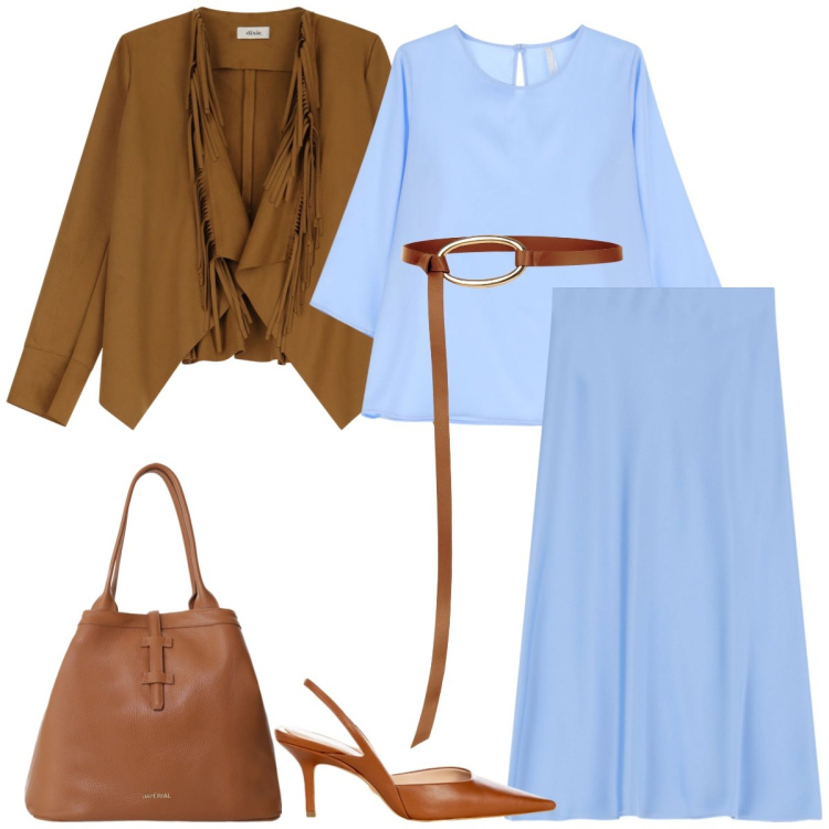 Outfit donna - Total look #2103549. Stile Casual chic per Tutti i giorni. Abbinamento con décolleté, cinture, bluse, gonne longuette, borse tote, blazer.