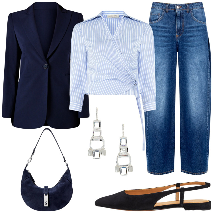 Outfit donna - Camicia a righe in ufficio. Stile Casual chic per Ufficio. Abbinamento con camicie, jeans, blazer, borse a spalla, orecchini, ballerine.