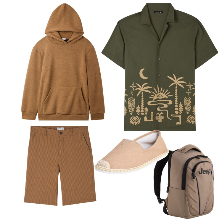 Outfit uomo - Sognando luoghi esotici. Stile Casual per Tutti i giorni. Abbinamento con camicie a manica corta, bermuda, espadrillas, felpe, borse sportive.