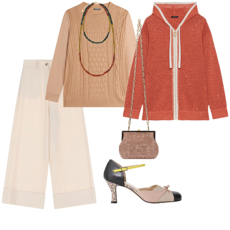 Outfit donna - Pantaloni palazzo il top. per Tutti i giorni. Abbinamento con maglieria, pantaloni a palazzo, décolleté, cardigans, ciondoli, clutch.