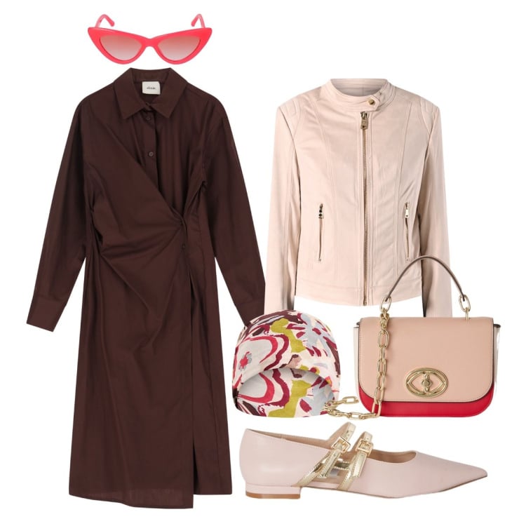 Outfit donna - Modern. Stile Urban per Tutti i giorni. Abbinamento con blazer, sciarpe, vestiti chemisier, ballerine, borse a tracolla, occhiali da sole.