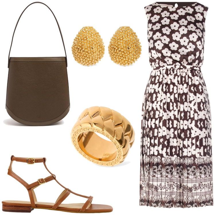 Outfit donna - Mix fantasy per l\'abito. Stile Casual chic per Tutti i giorni. Abbinamento con vestiti midi/longuette, sandali, orecchini, anelli, borse a mano.