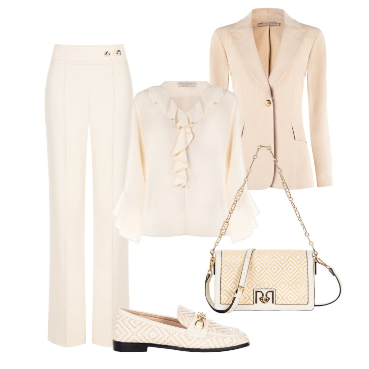 Outfit donna - Battesimo panna & burro. Stile Chic per Cerimonia. Abbinamento con bluse, pantaloni, blazer, mocassini, borse a tracolla.