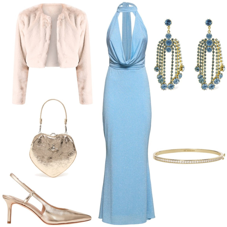 Outfit donna - Total look #2103567. Stile Glamour per Cerimonia. Abbinamento con braccialetti, bolero, décolleté, vestiti lunghi, orecchini, pochette.