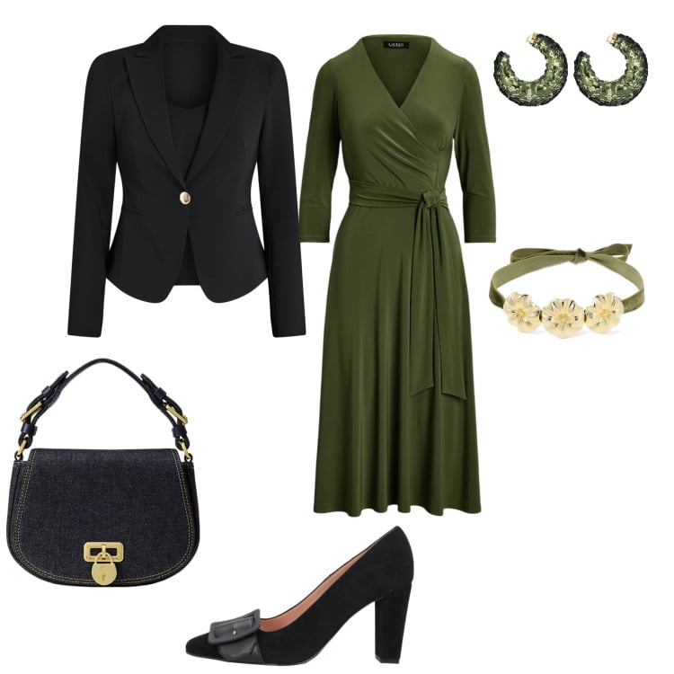 Outfit donna - In cerimonia. per Cerimonia. look ideale per Tall. Abbinamento con décolleté, blazer, vestiti, borse a tracolla, collane, orecchini.