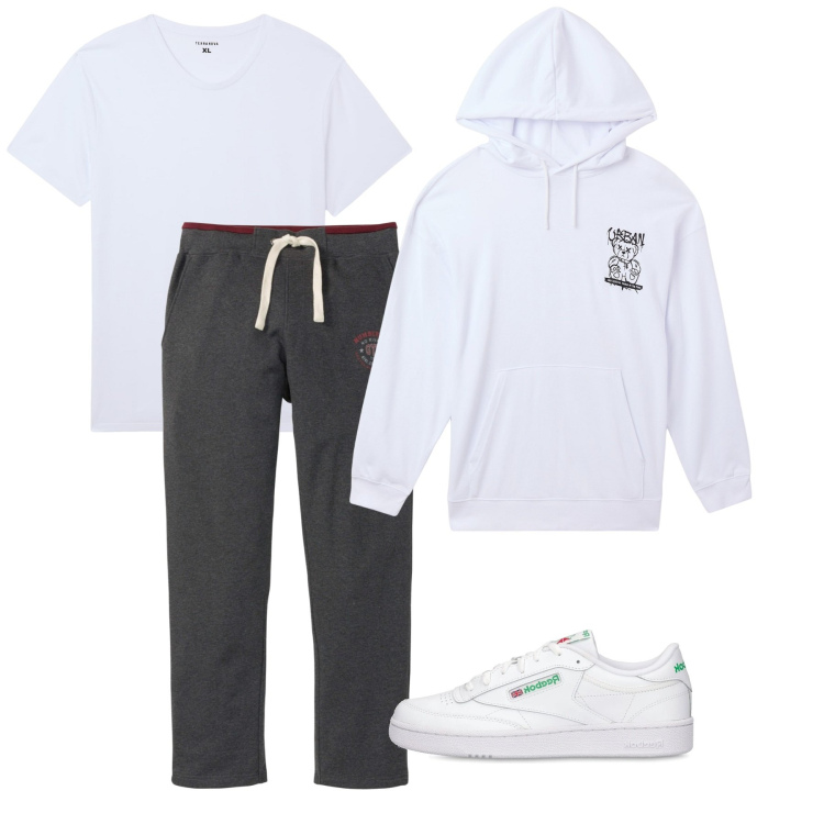 Outfit uomo - Due ore di palestra. Stile Casual per Sport. Abbinamento con pantaloni, t-shirt, felpe con cappuccio, sneakers.