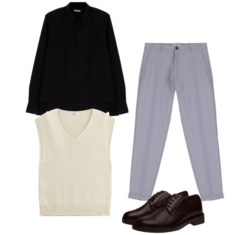 Outfit uomo - Gilet panna. Stile Casual per Tutti i giorni. Abbinamento con pantaloni, camicie, maglieria, scarpe stringate.