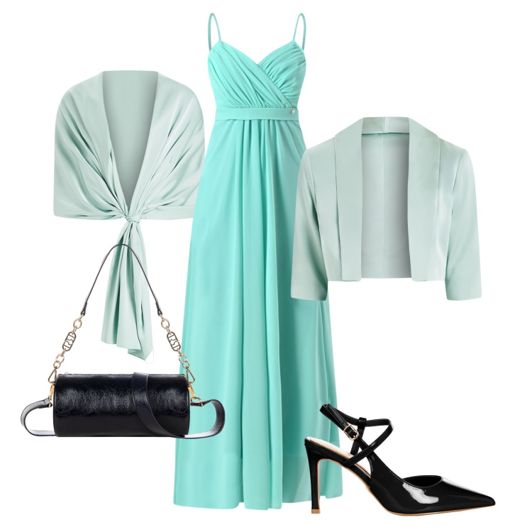 Outfit donna - Evento acquamarina & salvia. Stile Chic per Cerimonia. Abbinamento con bolero, décolleté, borse a mano, vestiti lunghi, stole.