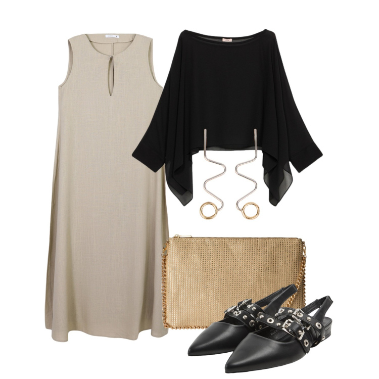 Outfit donna - Chic in beige. Stile Chic per Serata fuori. Abbinamento con vestiti lunghi, borse a tracolla, sabot, orecchini, bolero.