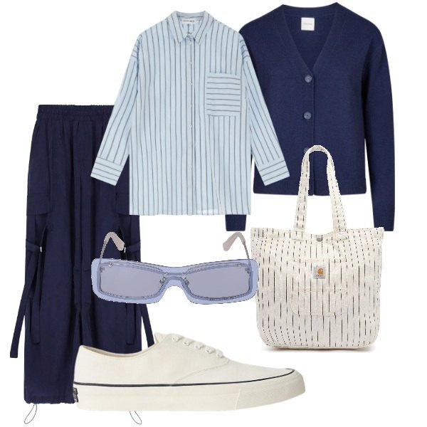 Outfit donna - A spasso per la città. Stile Casual chic per Tutti i giorni. Abbinamento con pantaloni cargo, camicie, sneakers, cardigans, borse tote, occhiali da sole.