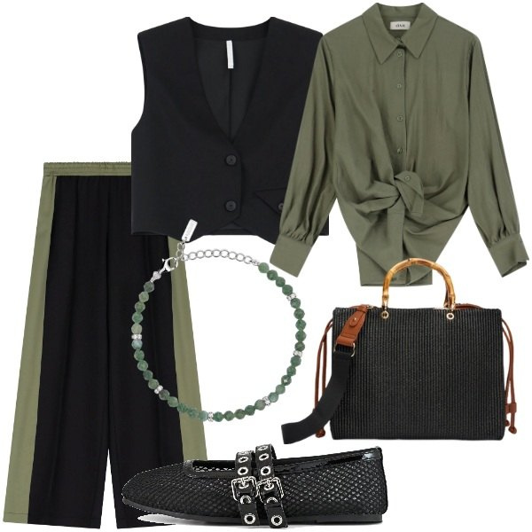 Outfit donna - Colori di Aprile. Stile Casual chic per Serata fuori. Abbinamento con braccialetti, gilet, pantaloni, camicie, ballerine, borse a mano.