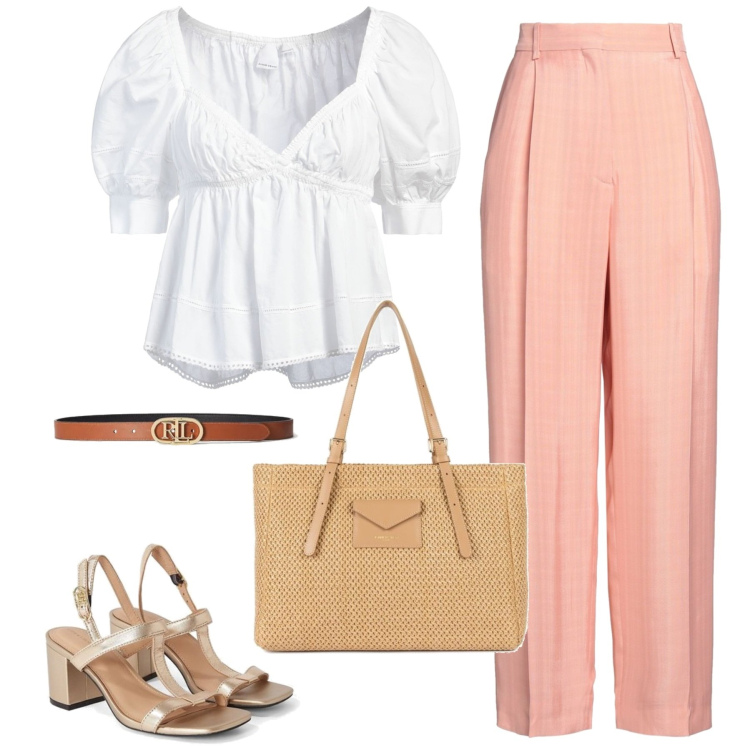 Outfit mujer - Casual chic #6426. Estilo Casual chic para Oficina. Combinación con sandalias de piel, pantalones, bolso tote, top, cinturones.