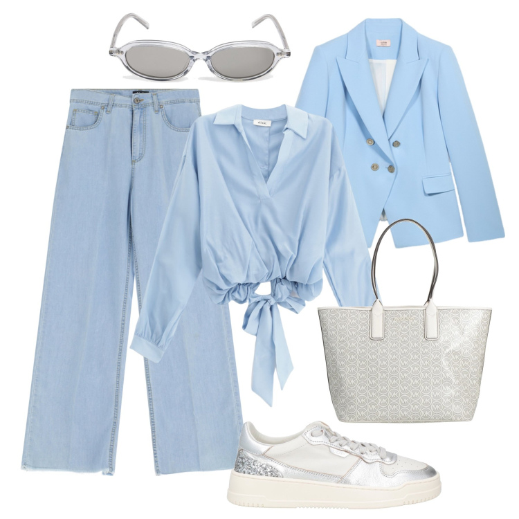 Outfit donna - Azzurro cielo in città-@angelbeautyeli. Stile Urban per Tutti i giorni. Abbinamento con borse a mano, sneakers, jeans, bluse, occhiali da sole, blazer.
