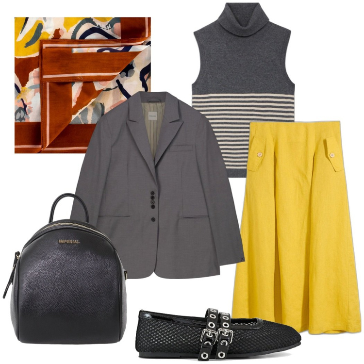 Outfit donna - Grigio e giallo. Stile Casual chic per Ufficio. Abbinamento con gonne, foulard, zaini, ballerine, blazer, maglieria.