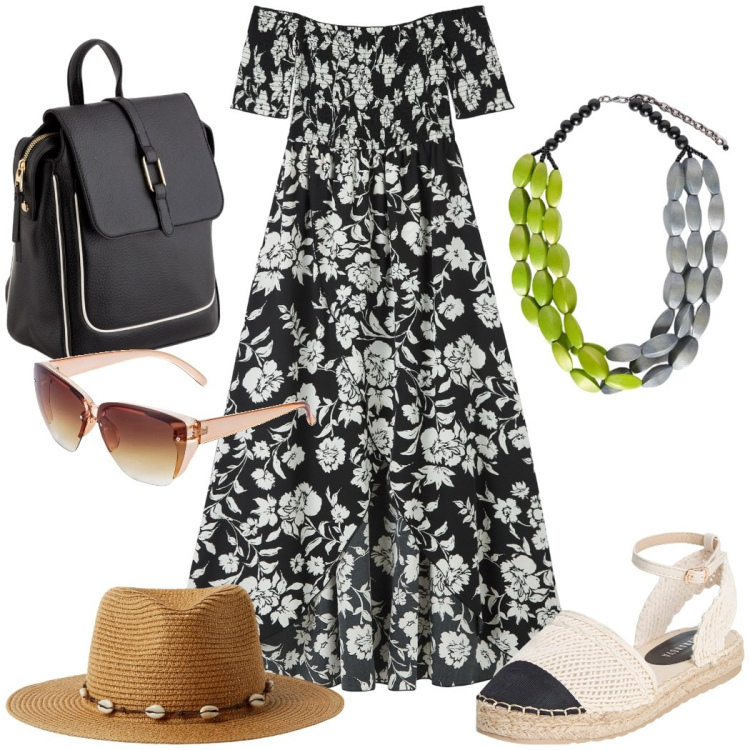 Outfit donna - In vacanza. Stile Casual chic per Tutti i giorni. Abbinamento con occhiali da sole, vestiti lunghi, espadrillas, cappelli, collane, zaini.