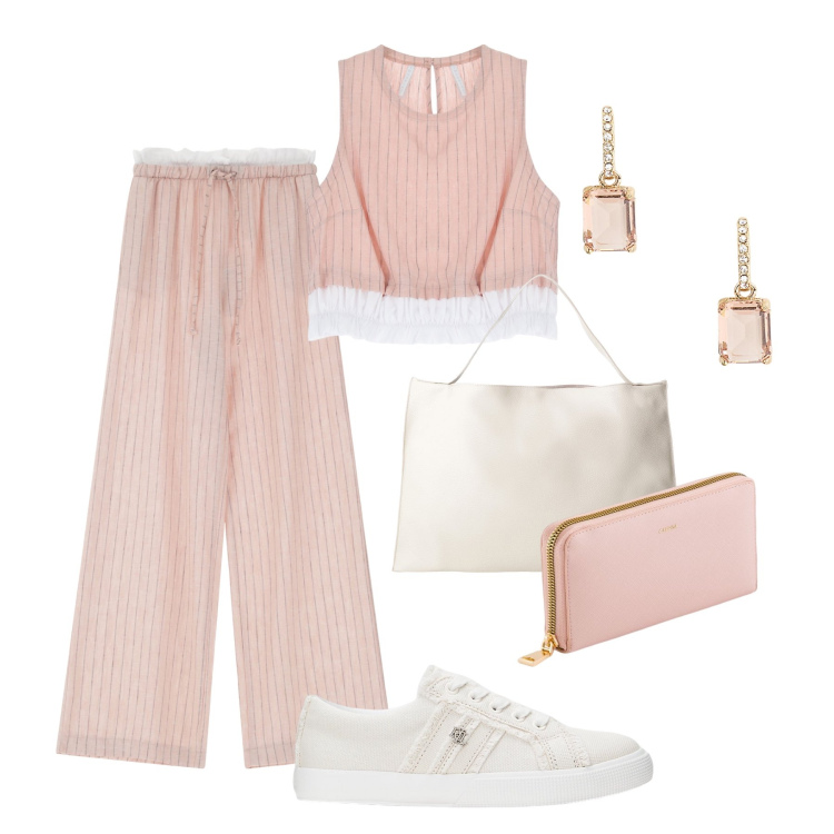 Outfit donna - 20 gradi a righe delicate - @laurafo. Stile Casual chic per Tutti i giorni. Abbinamento con pantaloni, top, borse a spalla, sneakers, orecchini, portafogli.