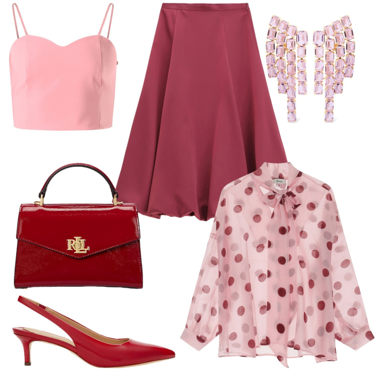 Outfit donna - Giornata amaranto. Stile Romantica per Tutti i giorni. Abbinamento con canottiere, gonne longuette, camicie, borse a mano, décolleté, orecchini.