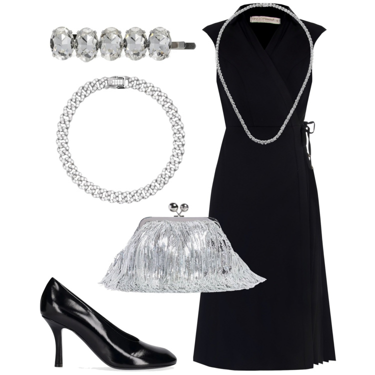Outfit donna - A cena dal Presidente. Stile Bon Ton per Cerimonia. Abbinamento con vestiti senza maniche, braccialetti, collane, pochette, décolleté, accessori per capelli.