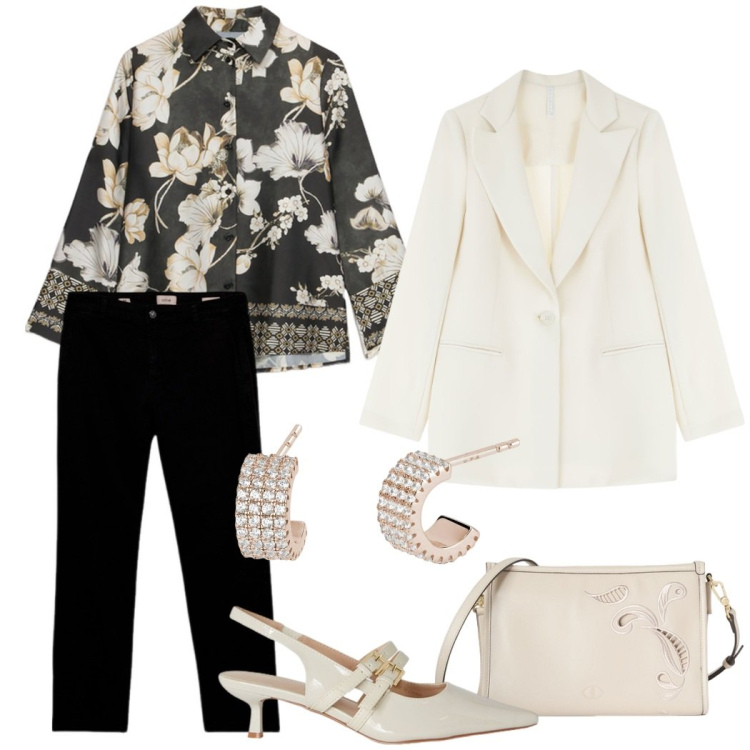 Outfit donna - Outfit cerimonia. Stile Chic per Cerimonia. Abbinamento con orecchini, blazer, camicie, décolleté, borse a tracolla, pantaloni chino.