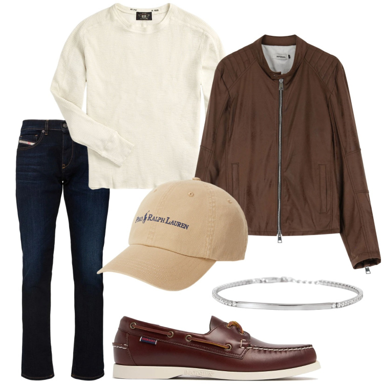 Outfit uomo - Total look #2103636. Stile Casual per Tutti i giorni. Abbinamento con braccialetti, giacche, maglieria, cappelli, scarpe stringate, jeans slim fit.