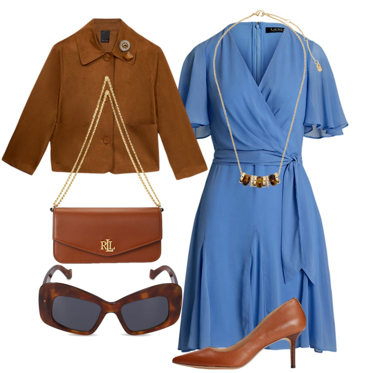 Outfit donna - Battesimo di Matteo. Stile Chic per Cerimonia. Abbinamento con collane, vestiti, décolleté, borse a spalla, blazer, occhiali da sole.
