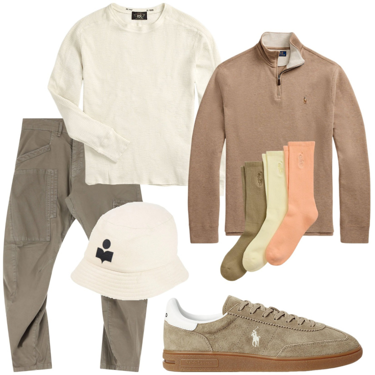 Outfit uomo - Bedford. Stile Trendy per Tutti i giorni. Abbinamento con cappelli, pantaloni cargo, maglieria, sneakers, pullovers, calzini.