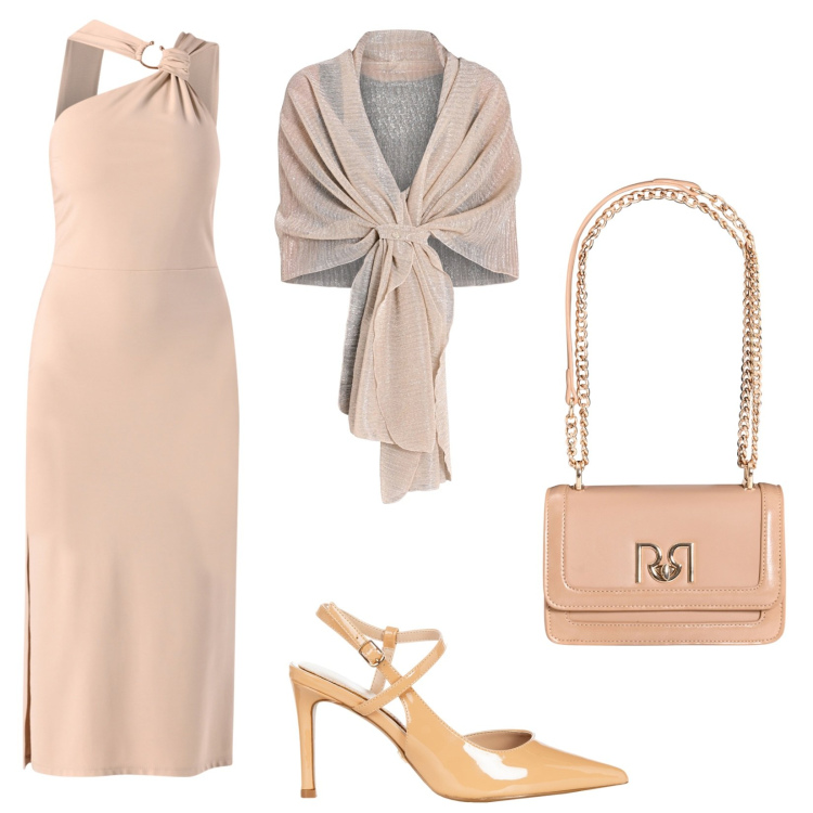Outfit donna - Eleganza sofisticata. Stile Glamour per Cerimonia. Abbinamento con stole, borse a tracolla, décolleté, vestiti asimmetrici.