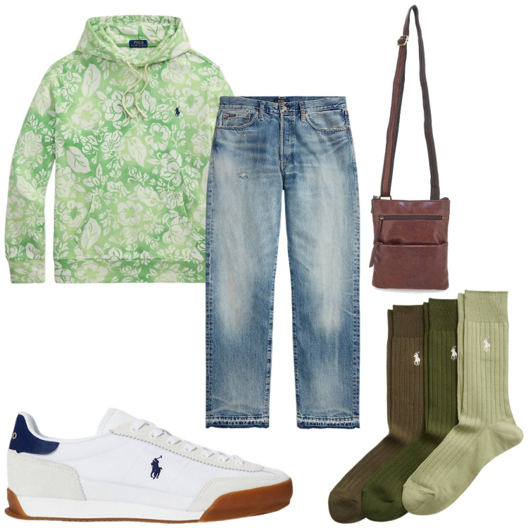 Outfit uomo - Total look #2103657. Stile Trendy per Tutti i giorni. Abbinamento con jeans dritti, calzini, felpe con cappuccio, sneakers, portafogli.