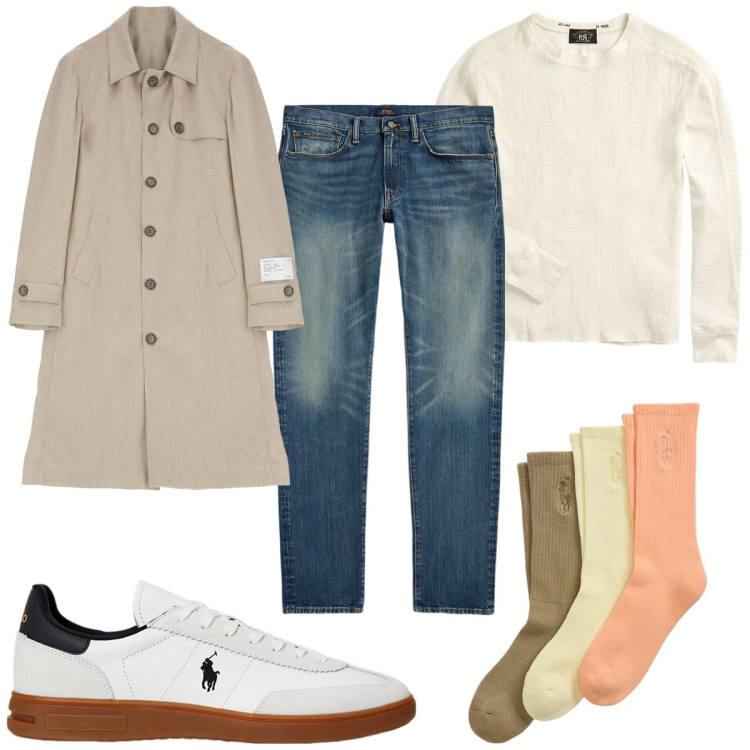 Outfit uomo - Total look #2103658. Stile Casual per Tutti i giorni. Abbinamento con trench, maglieria, jeans, sneakers, calzini.