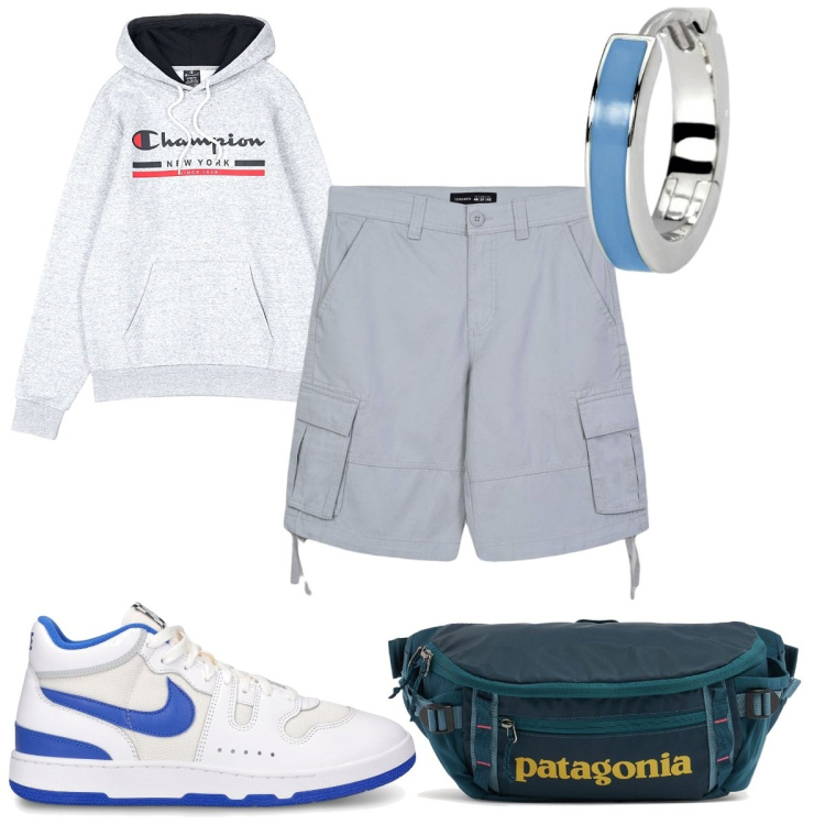 Outfit uomo - Total look #2103661. Stile Urban per Tutti i giorni. Abbinamento con bermuda, orecchini, felpe con cappuccio, borse sportive, sneakers.