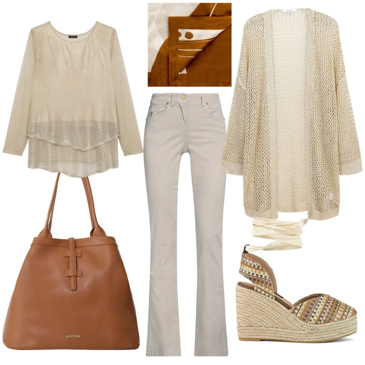 Outfit donna - Nuance marrone. Stile Casual chic per Tutti i giorni. Abbinamento con pantaloni, kimono, sciarpe, borse tote, t-shirt, zeppe.
