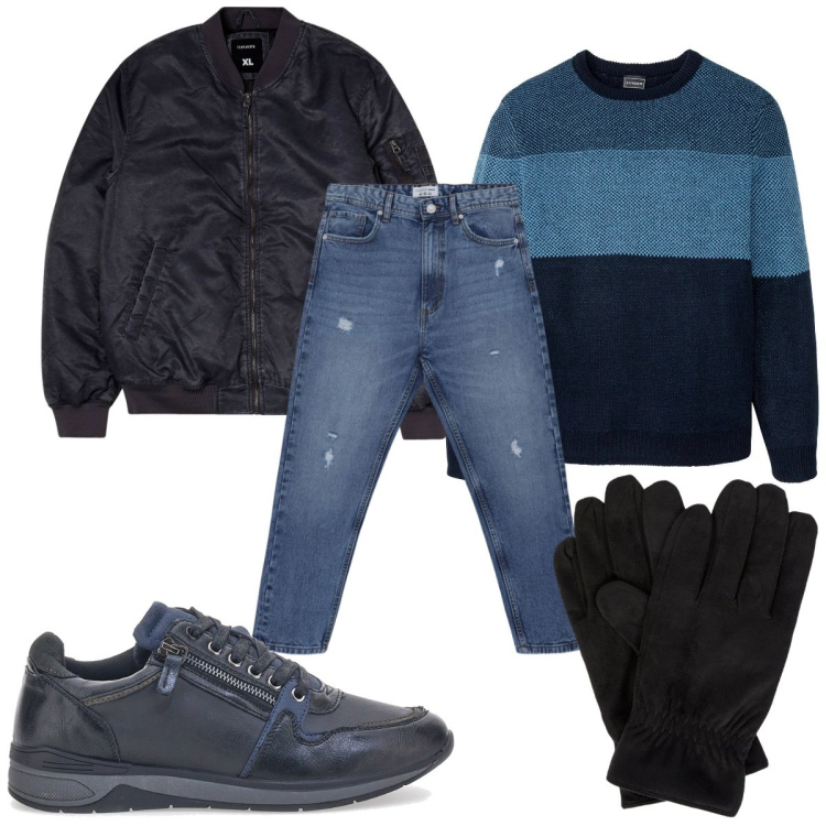Outfit uomo - Total look #2103674. Stile Casual per Tutti i giorni. Abbinamento con maglieria, jeans strappati, bomber, scarpe stringate, guanti.
