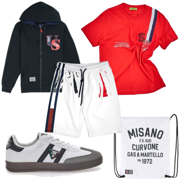 Outfit uomo - Total look #2103679. Stile Trendy per Sport. Abbinamento con borse sportive, t-shirt, pantaloni corti, felpe con cappuccio, sneakers.